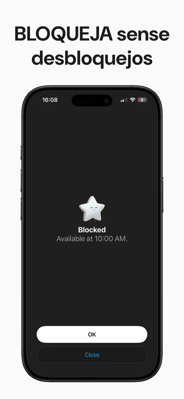 BLOQUEJA sense desbloquejos — la pantalla d'escut que una app bloquejada mostra a Blokt: Bloquejat, disponible a les 10:00