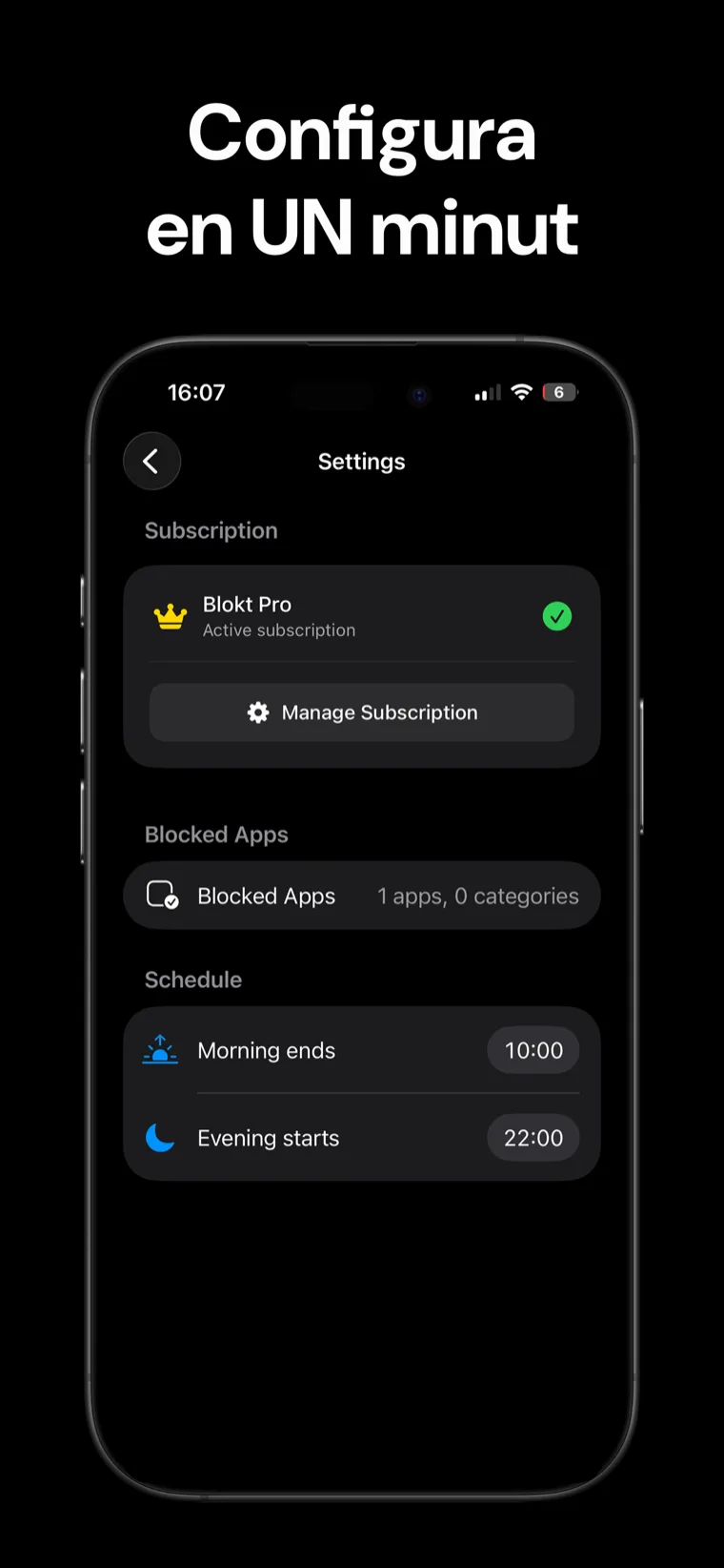 Configura en UN minut — Configuració de Blokt a l'iPhone amb el selector d'apps bloquejades i l'horari de final de matí i inici de la nit