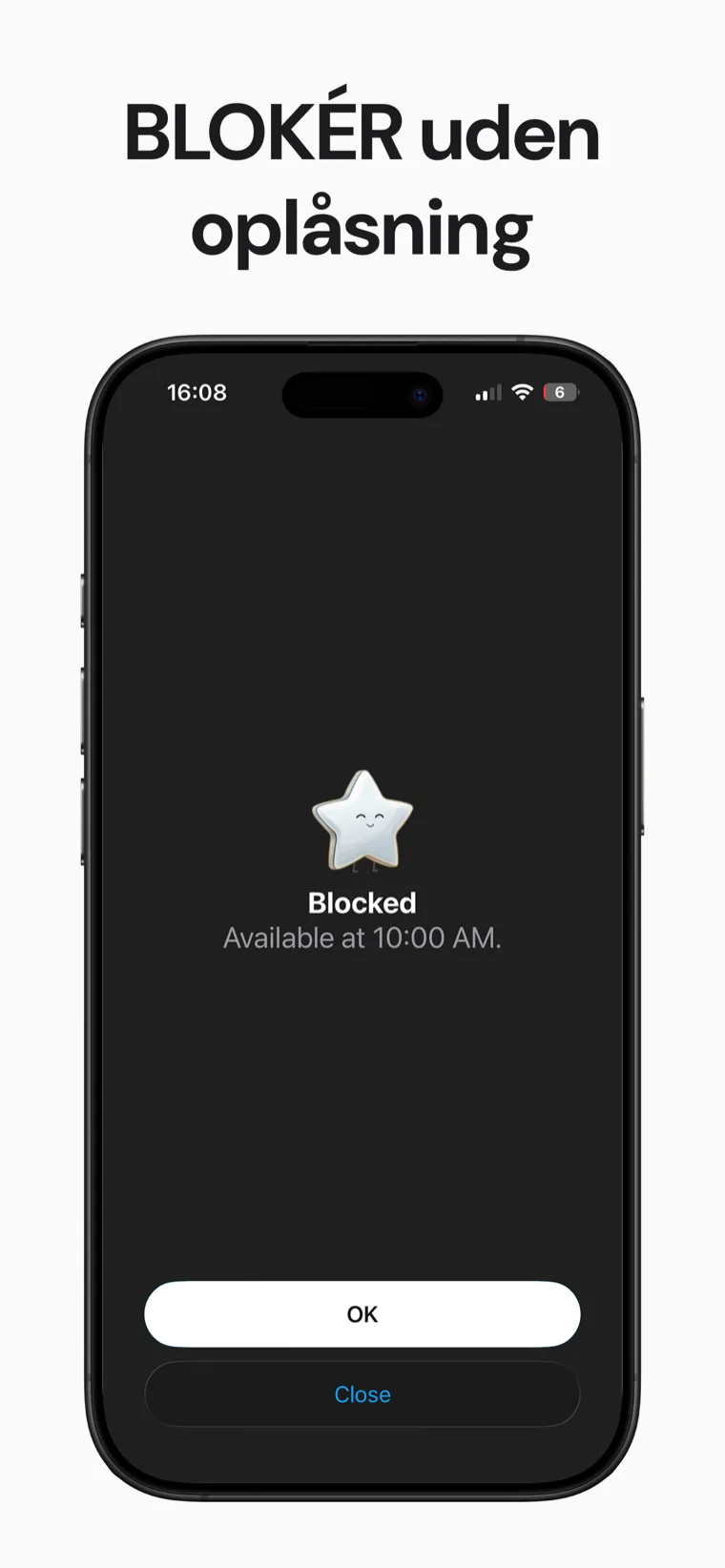 BLOKÉR uden oplåsning — skjoldskærmen, som en blokeret app viser i Blokt: Blokeret, tilgængelig kl. 10:00 AM