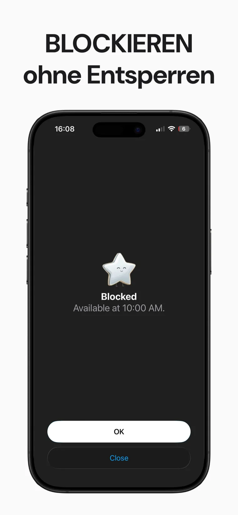 BLOCKIEREN ohne Entsperren — Der Sperrbildschirm, den eine blockierte App in Blokt zeigt: Gesperrt, verfügbar um 10:00 Uhr
