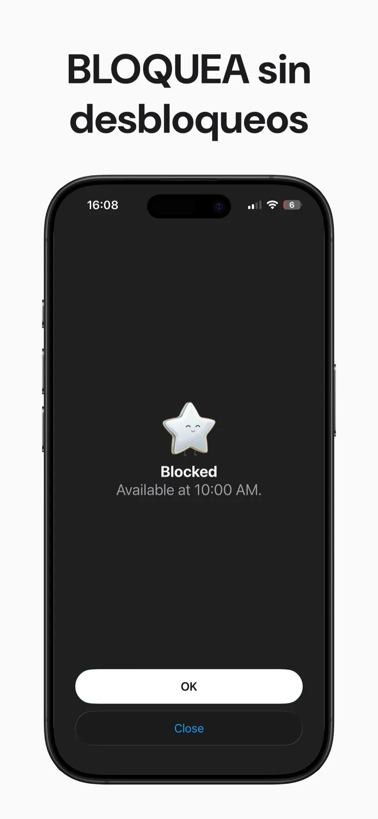 BLOQUEA sin desbloqueos — la pantalla de bloqueo que muestra una app bloqueada en Blokt: Bloqueado, disponible a las 10:00 AM