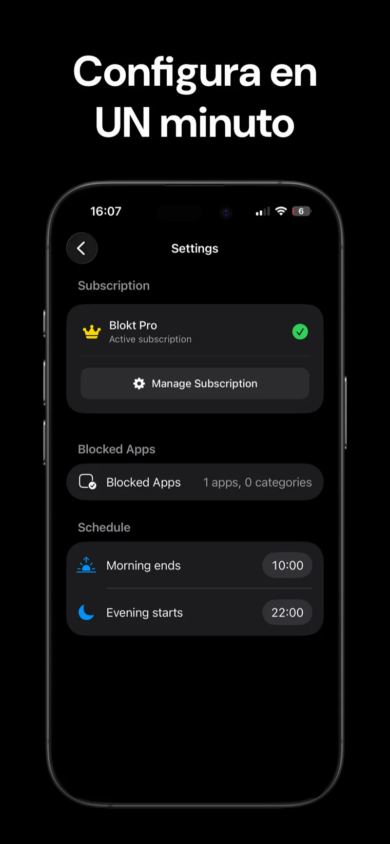 Configura en UN minuto — Ajustes de Blokt en iPhone con el selector de apps bloqueadas y el horario de fin de mañana e inicio de tarde-noche