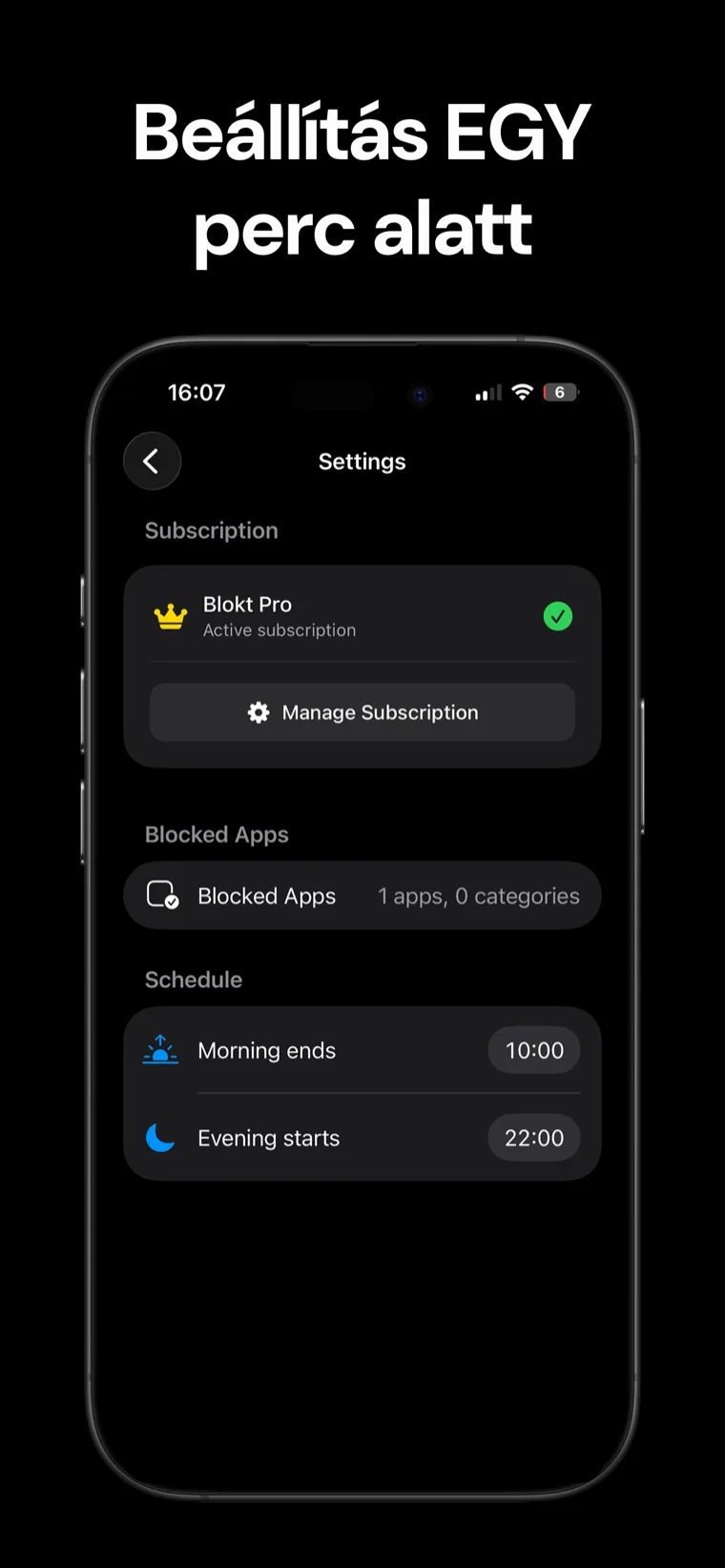 Beállítás EGY perc alatt — Blokt beállítások iPhone-on a blokkolt alkalmazások kiválasztójával és a reggel vége–este kezdete időbeosztással