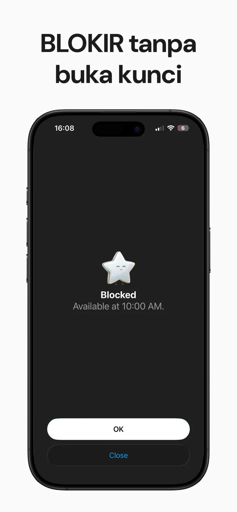BLOKIR tanpa buka kunci — layar perisai yang ditampilkan aplikasi yang diblokir di Blokt: Diblokir, tersedia pukul 10:00 AM
