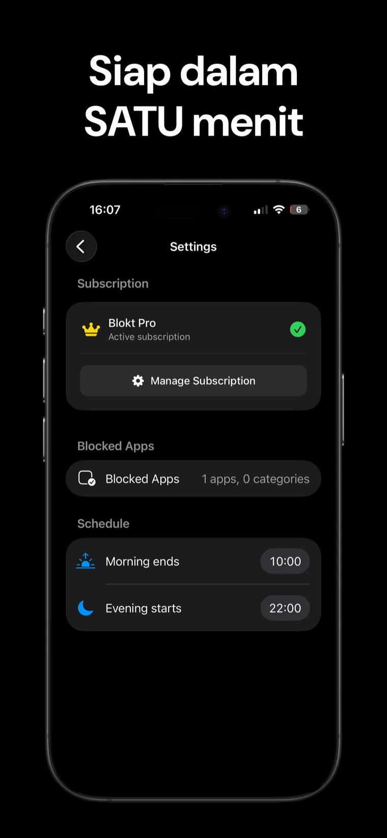 Siap dalam SATU menit — pengaturan Blokt di iPhone dengan pemilih aplikasi yang diblokir serta jadwal kapan pagi berakhir dan malam dimulai