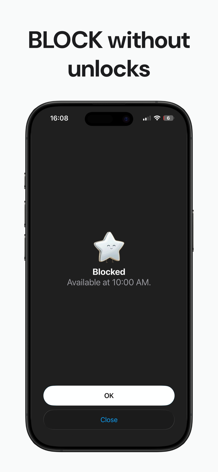 BLOCK without unlocks — the shield screen a blocked app shows in Blokt: Blocked, available at 10:00 AM