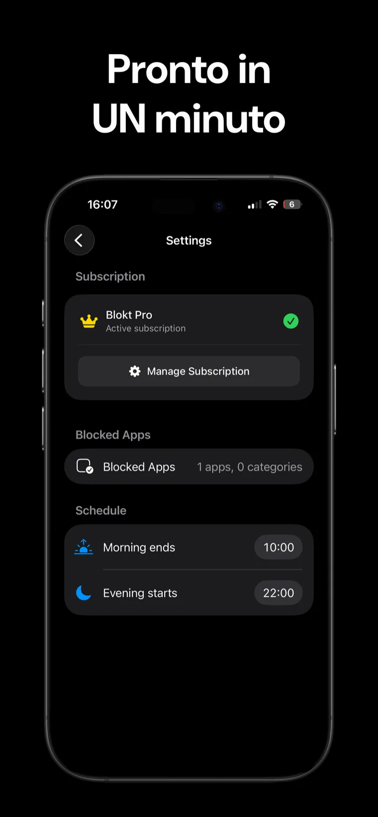 Pronto in UN minuto — Impostazioni di Blokt su iPhone con il selettore delle app bloccate e gli orari di fine mattinata e inizio serata