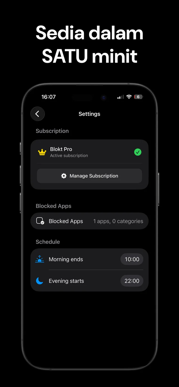 Sedia dalam SATU minit — tetapan Blokt pada iPhone dengan pemilih apl yang disekat dan jadual tamat pagi dan mula malam