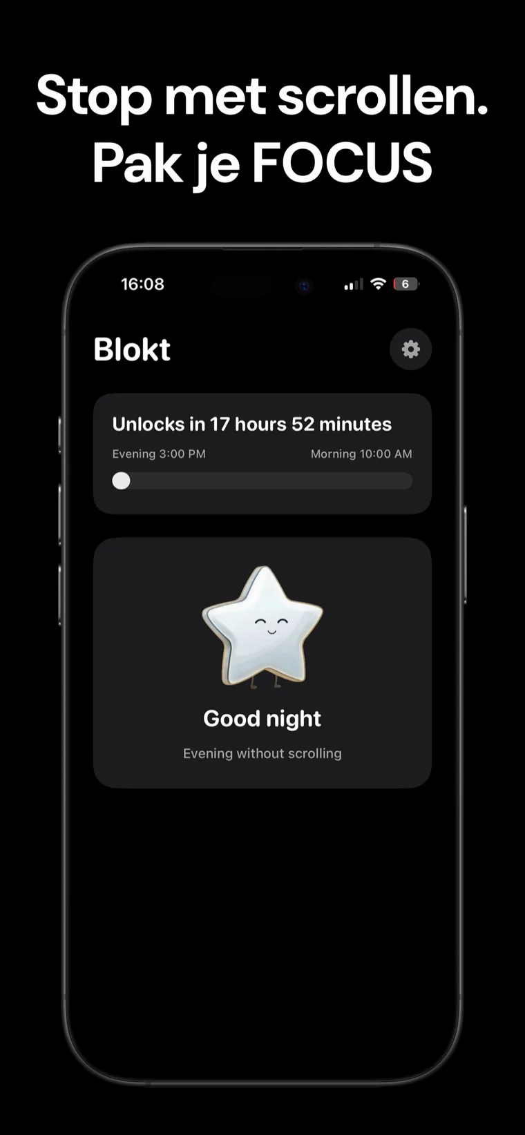 Stop met scrollen. Pak je FOCUS — Blokt-startscherm op iPhone met de ontgrendelingsaftelling tussen de avond- en ochtendtijden en een 'Goedenacht, avond zonder scrollen'-kaart