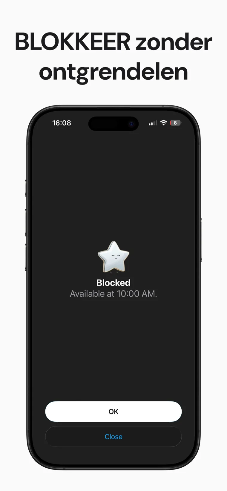 BLOKKEER zonder ontgrendelen — het schildscherm dat een geblokkeerde app toont in Blokt: Geblokkeerd, beschikbaar om 10:00 uur