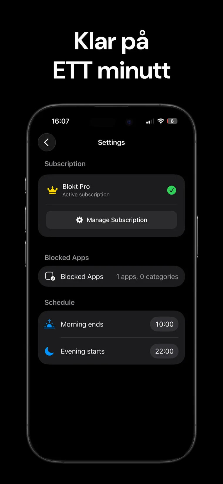 Klar på ETT minutt — Blokt-innstillinger på iPhone med velgeren for blokkerte apper og tidsplanen for morgen-slutt og kveld-start