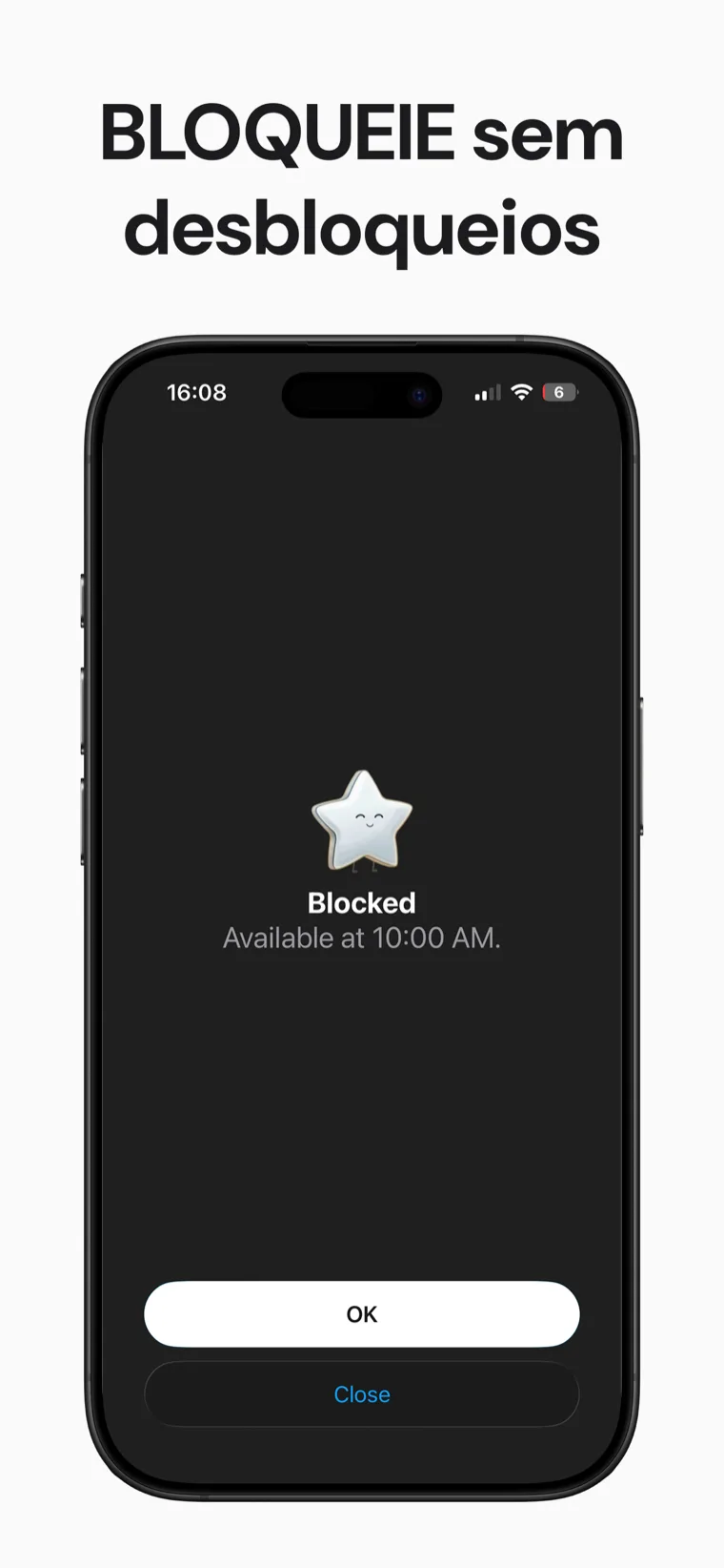 BLOQUEIE sem desbloqueios — a tela de proteção que um app bloqueado mostra no Blokt: Bloqueado, disponível às 10:00