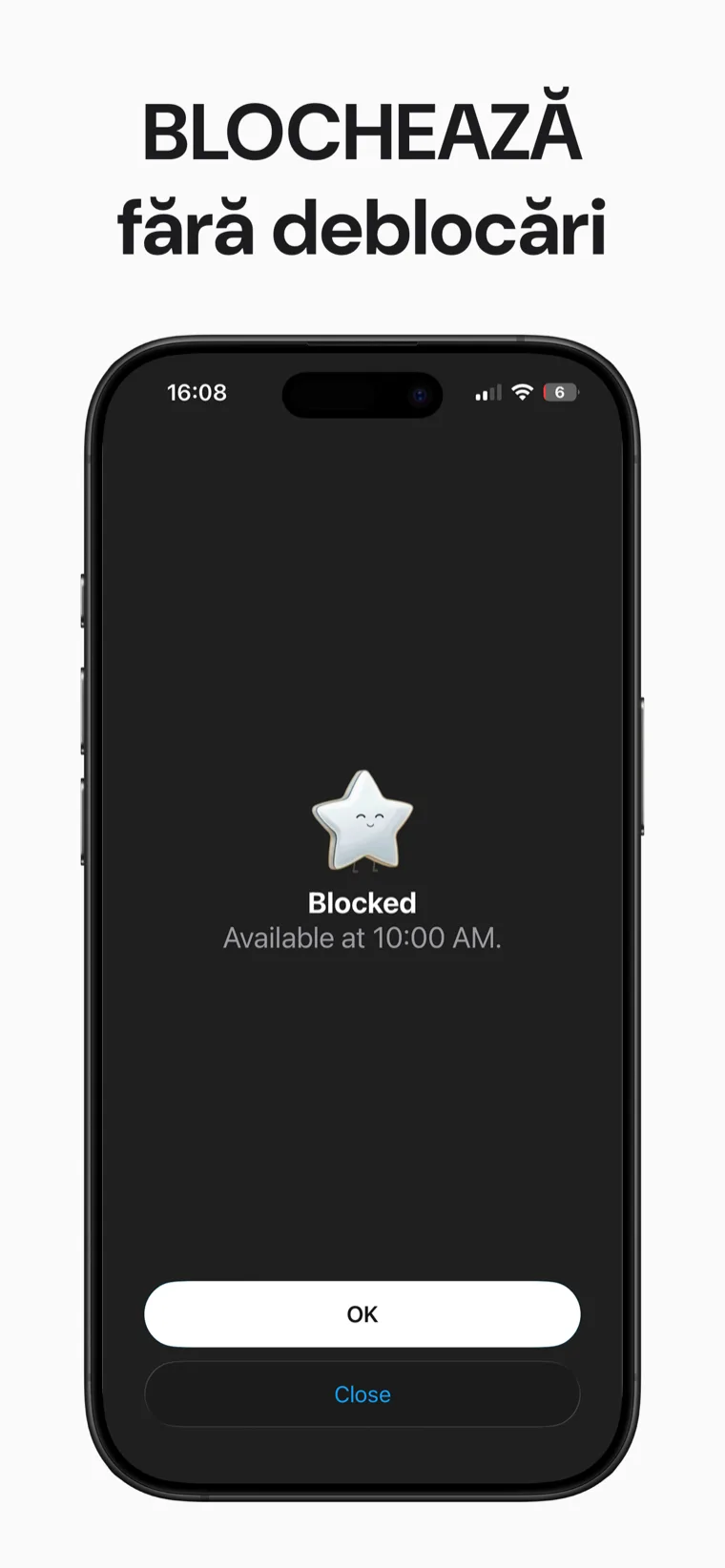 BLOCHEAZĂ fără deblocări — ecranul de blocare afișat de o aplicație blocată în Blokt: Blocat, disponibil la 10:00 AM