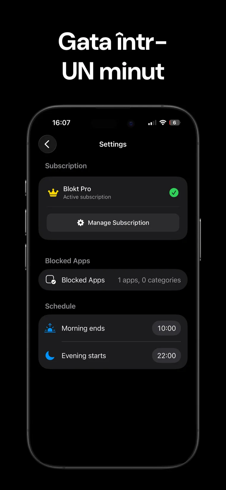 Gata într-UN minut — setările Blokt pe iPhone cu selectorul de aplicații blocate și programul de sfârșit al dimineții și început al serii
