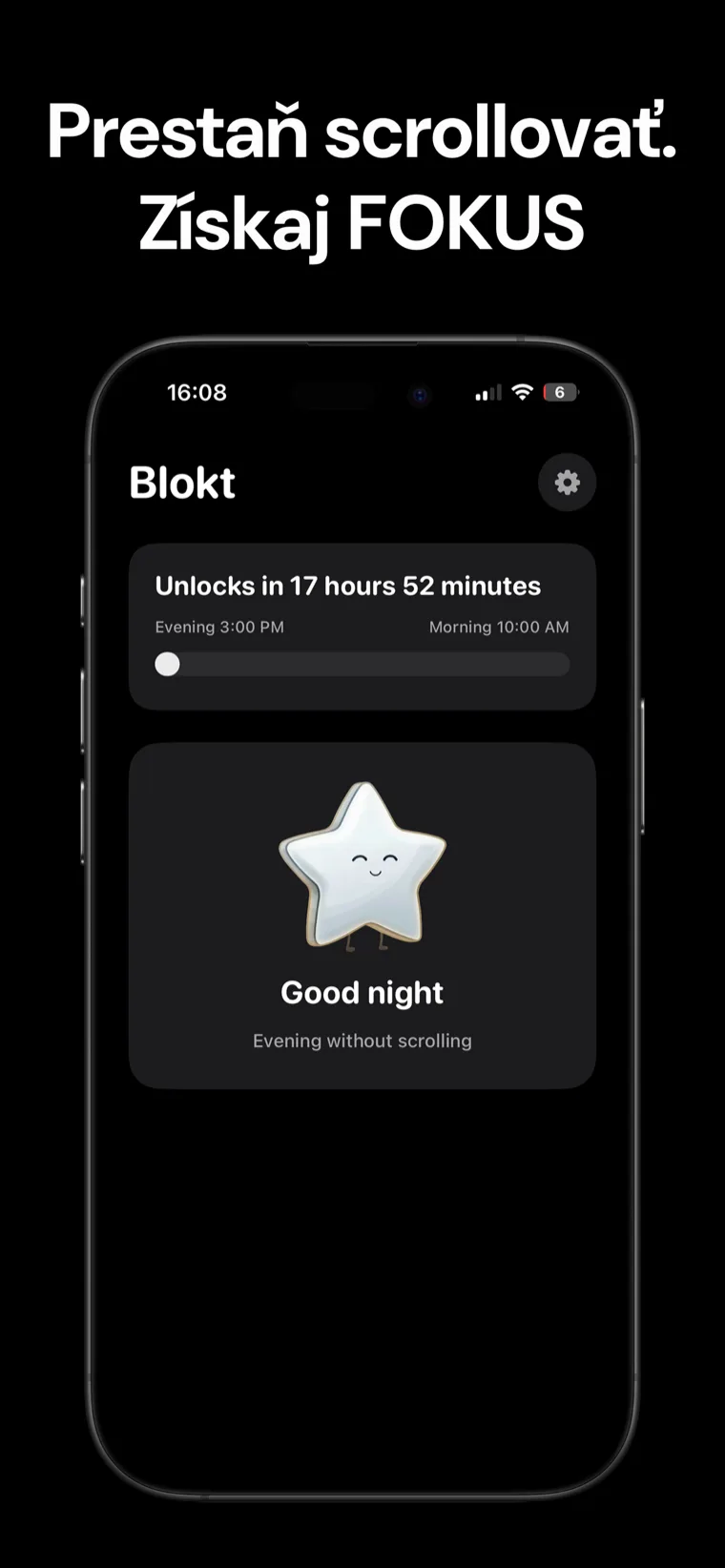 Prestaň scrollovať. Získaj FOKUS — domovská obrazovka Blokt na iPhone zobrazujúca odpočítavanie odomknutia medzi večerným a ranným časom a kartu Dobrú noc, večer bez scrollovania