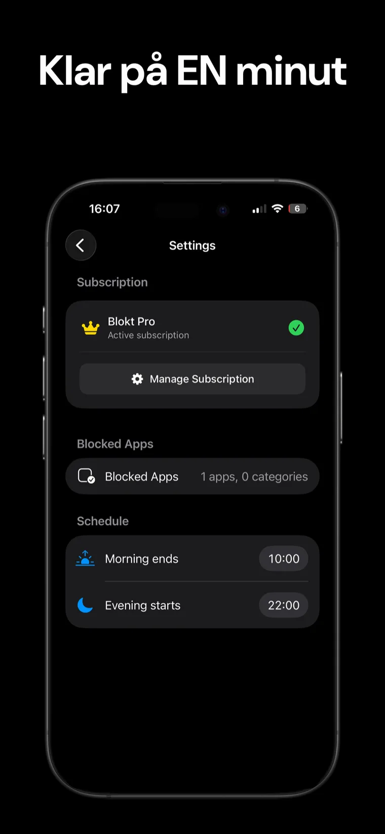 Klar på EN minut — Blokt-inställningar på iPhone med väljaren för blockerade appar och schemat för när morgonen slutar och kvällen börjar