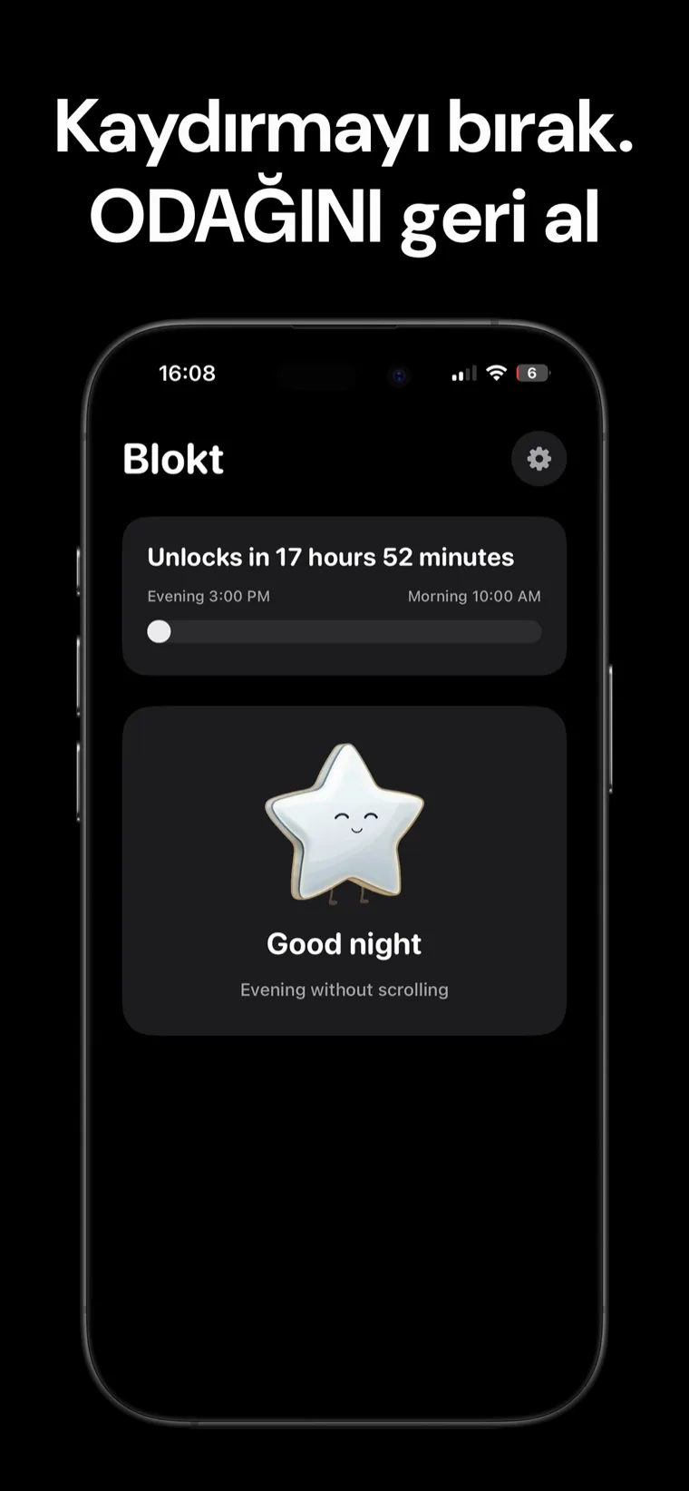 Kaydırmayı bırak. ODAĞINI geri al — iPhone’da Blokt ana ekranı, akşam ve sabah arası kilit açma geri sayımını ve “İyi geceler, kaydırmasız akşam” kartını gösteriyor.