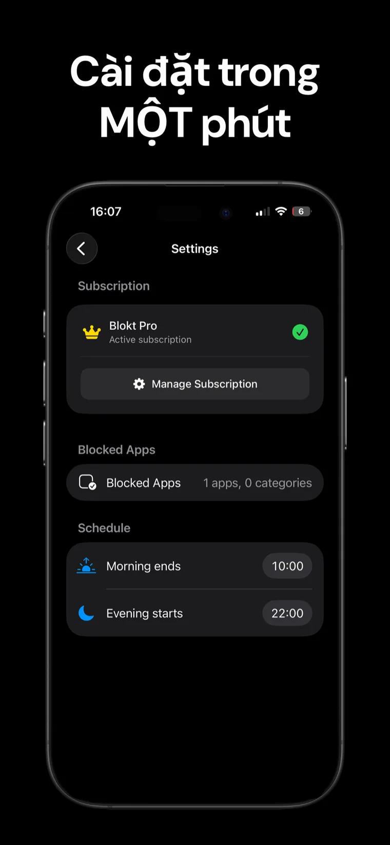 Cài đặt trong MỘT phút — Cài đặt Blokt trên iPhone với bộ chọn ứng dụng bị chặn và lịch kết thúc buổi sáng và bắt đầu buổi tối